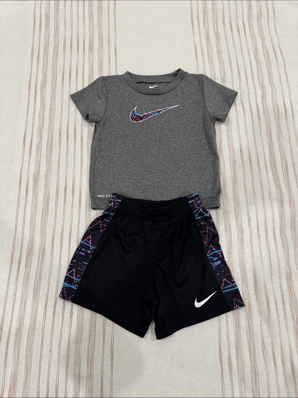 Nike Gray Tee & Black Shorts Kids Athletic Set with Multicolor Swoosh
